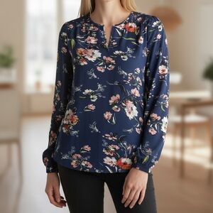 Fun 2 Fun Navy Floral Blouse with Pink and White Accents
